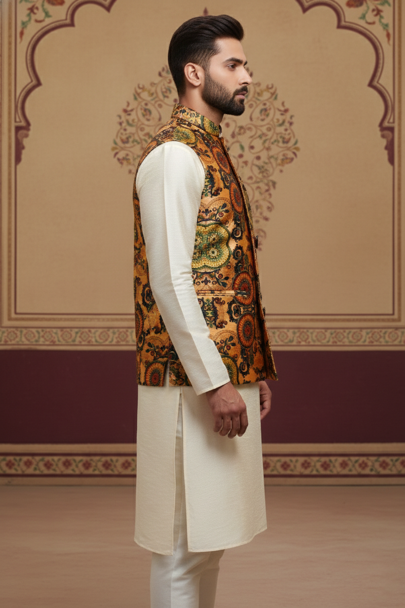 Golden Multicolor Brocade Nehru Jacket with Cream Kurta  Set
