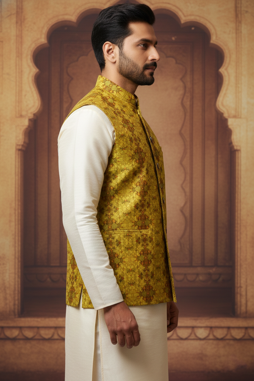 Mustard Floral Brocade Nehru Jacket with Cream Kurta  Set