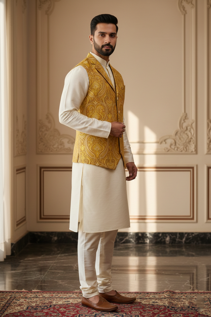 Men's Luxury Mustard Yellow Paisley Jacquard Nehru Jacket – Modern Notched Lapel Ethnic Waistcoat for Weddings and Festivals