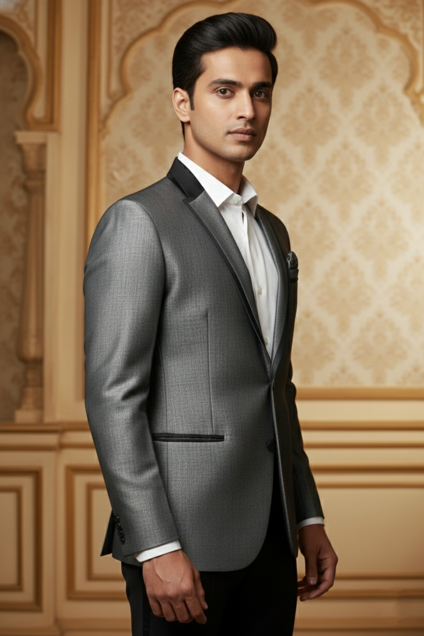 Men's Metallic Grey Slim Fit Tuxedo  Blazer with Satin Trim