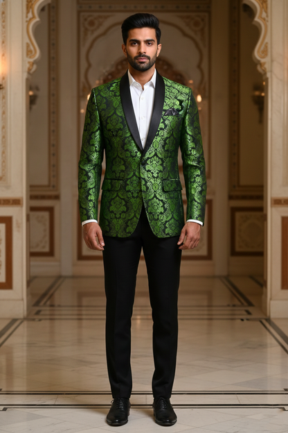 Emerald Green Damask Brocade Tuxedo Jacket
