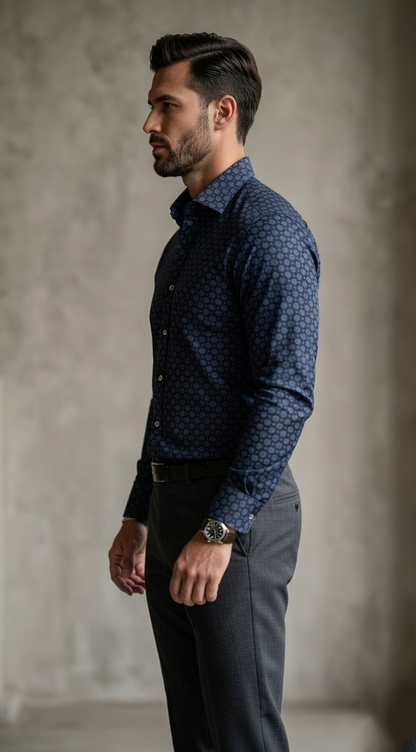 Designer Men'sNavy Medallion Print Dress Shirt , Slim Fit Geometric Floral