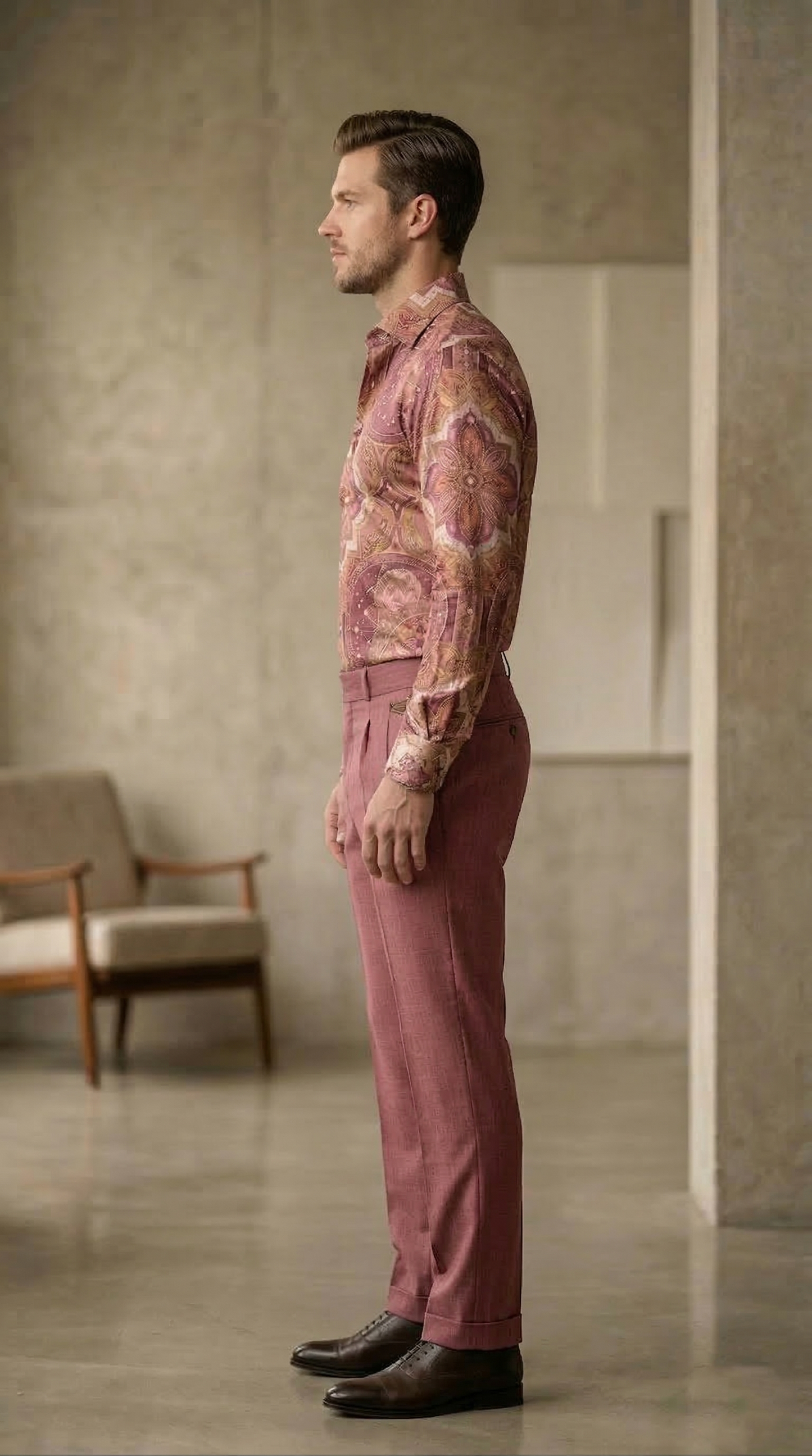 Designer Men'sDusty Rose Mandala Print Shirt , Celestial Gold & Mauve Ornate Motif