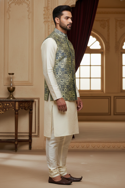 Artisanal Heritage: The Cerulean Tile Print Nehru Jacket