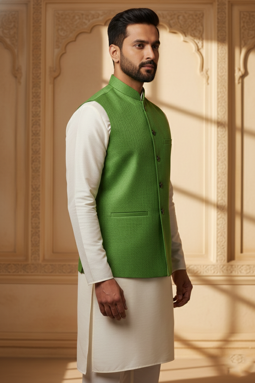 Men’s Green Nehru Jacket with Black Line Work | Designer Ethnic Waistcoat