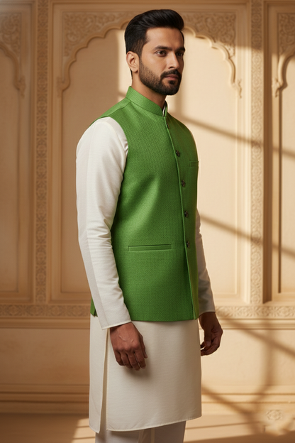 Men’s Green Nehru Jacket with Black Line Work | Designer Ethnic Waistcoat