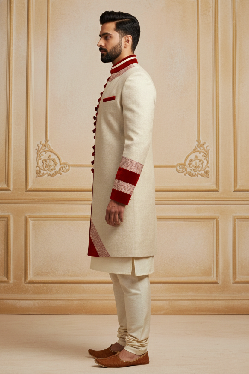 Cream Sherwani with Red Accents
