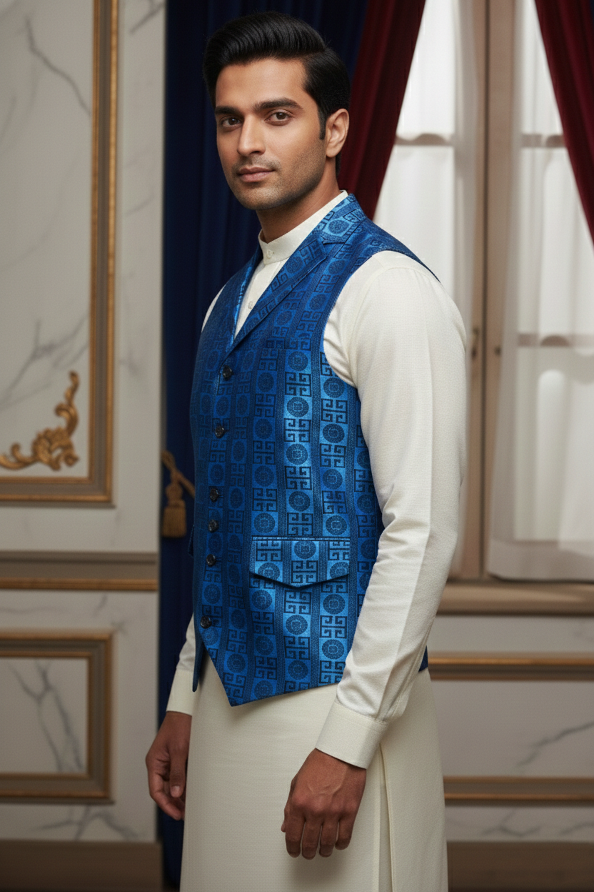 Men’s Royal Blue Designer Printed Waistcoat | Slim Fit Party & Festive Vest