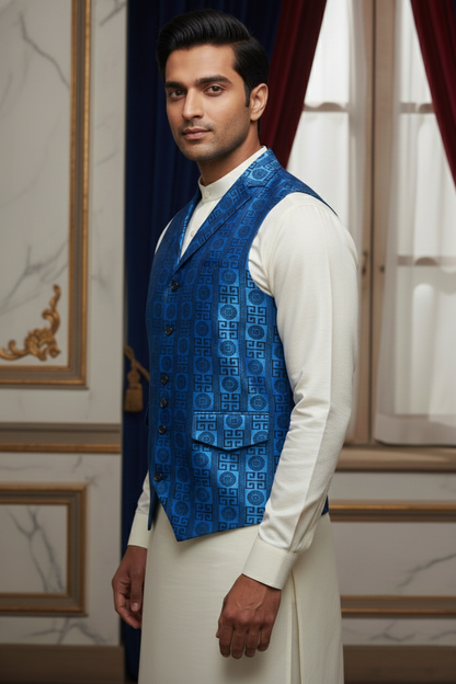 Men’s Royal Blue Designer Printed Waistcoat | Slim Fit Party & Festive Vest
