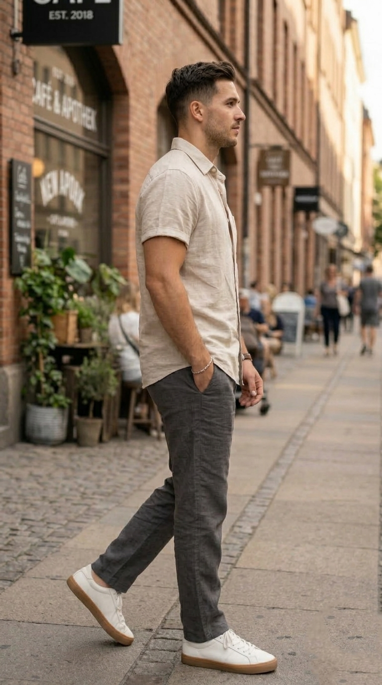 Men'sLight Beige Casual Short Sleeve Shirt
