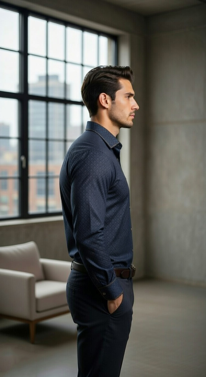 Men's Slim-Fit Midnight Navy Geo-Print Dress Shirt with Contrast Topstitching