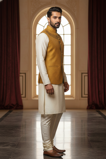 Men’s Yellow Nehru Jacket | Classic Ethnic Modi Jacket with Button Closure | Sleeveless Waistcoat for Festive & Wedding Wear