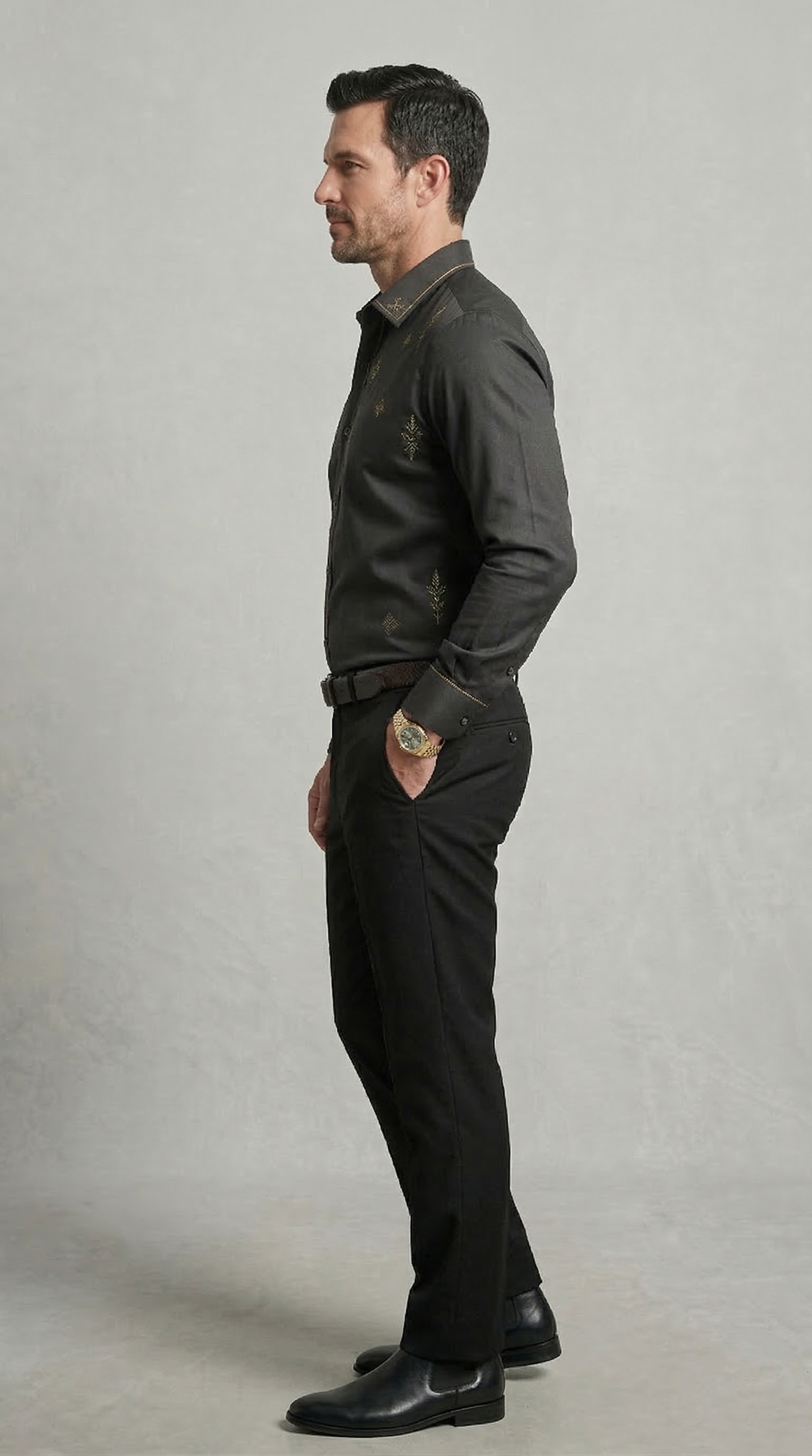Designer Men'sCharcoal Black Embroidered Dress Shirt , Gold Filigree & Geometric Motif