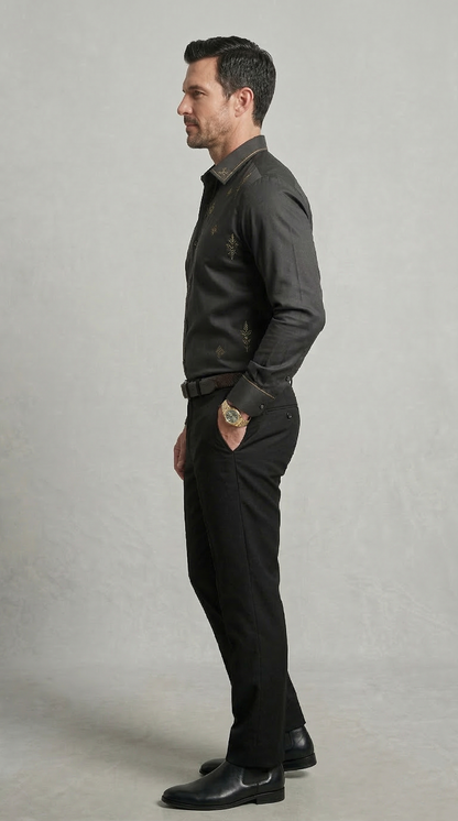 Designer Men'sCharcoal Black Embroidered Dress Shirt , Gold Filigree & Geometric Motif