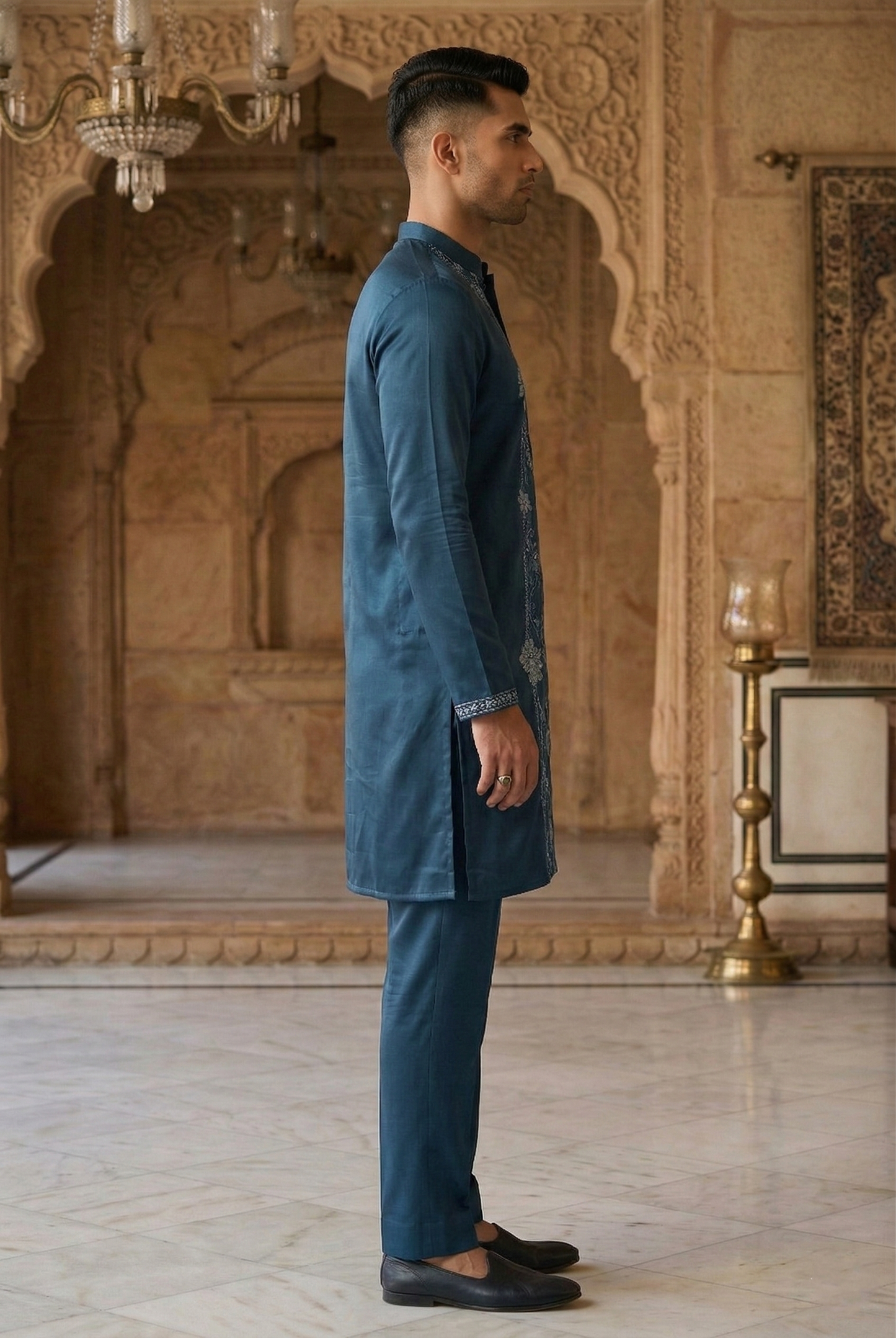 Men's Teal Silk Pintuck Partywear Kurta Pajama
