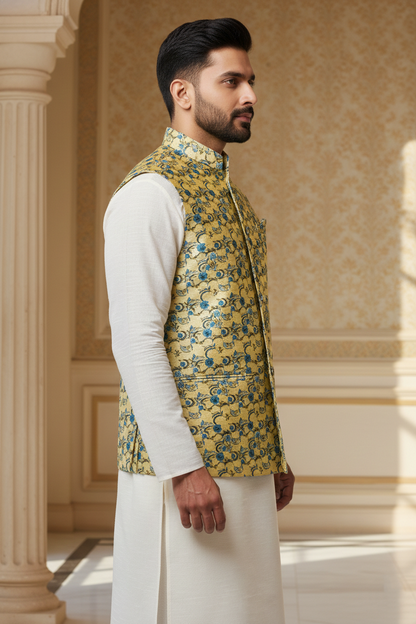 Men’s Yellow Floral Nehru Jacket with Ivory Kurta Pajama