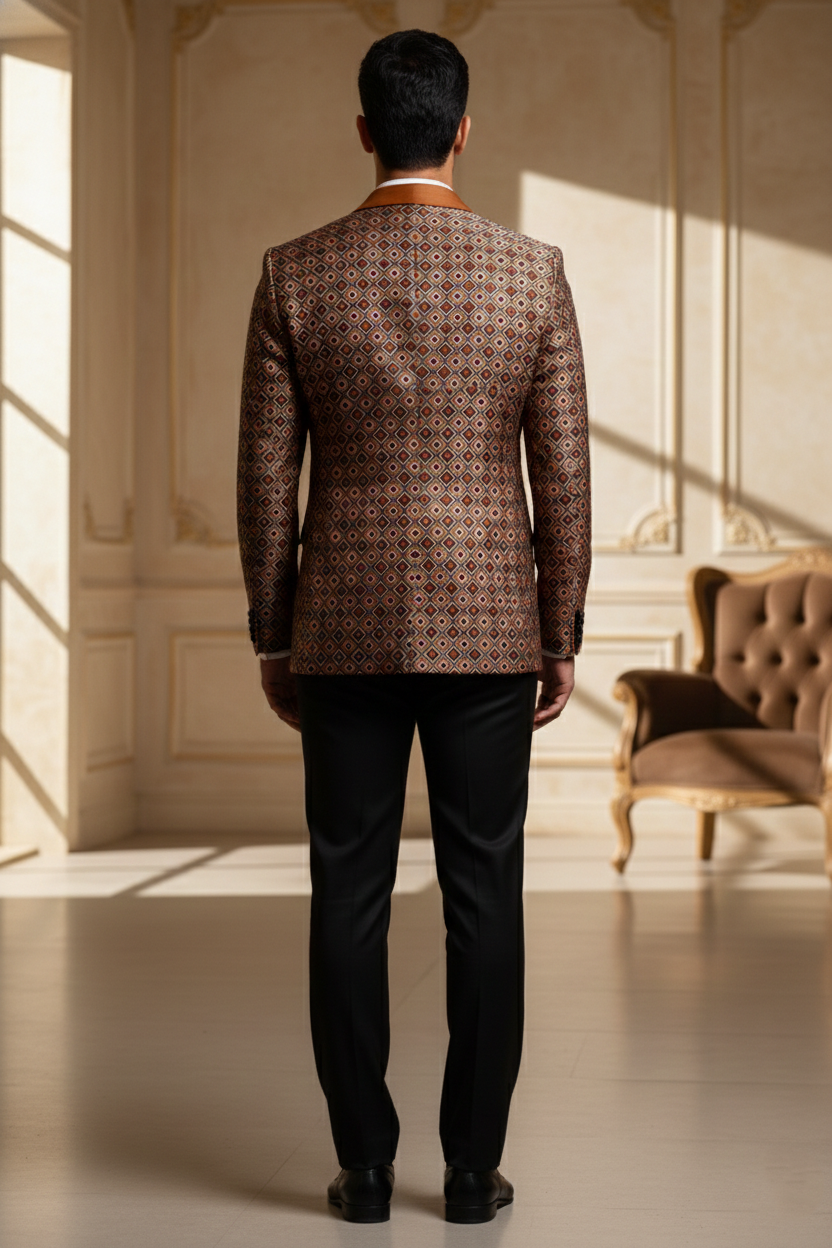 Men'sRust & Gold Geometric Jacquard Tuxedo Blazer with Copper Satin Shawl Lapel