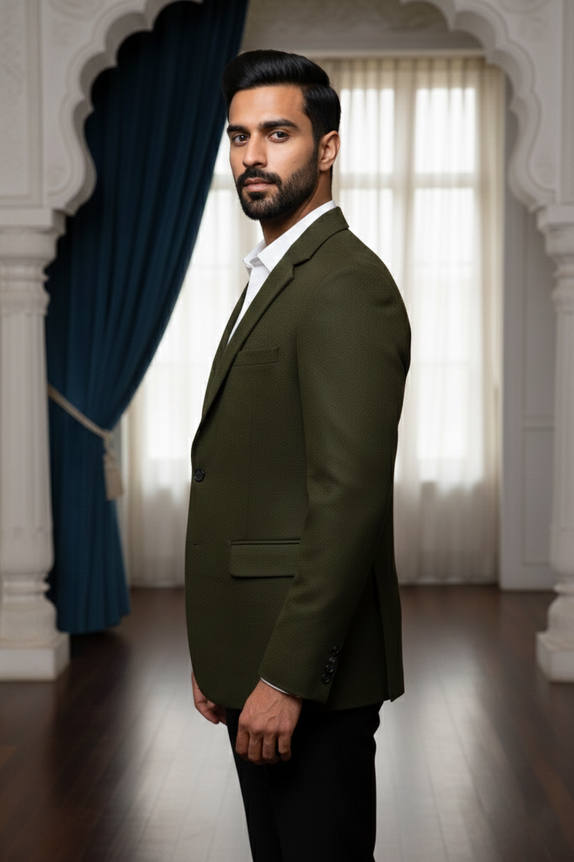 Men'sOlive Green Textured Single-Button Blazer