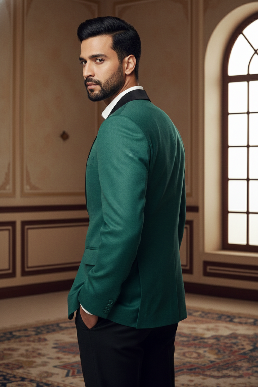 Emerald Regal Blazer with Textured Shawl  Lapel