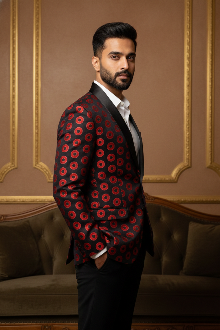 Men's Premium Black & Red Geometric Polka-Dot Party Wear Blazer , Slim Fit Tuxedo Style
