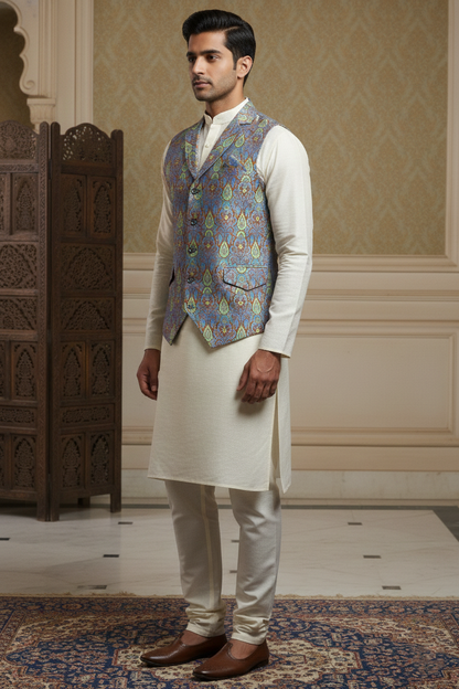 Men’s Sky Blue & Copper Brocade Waistcoat – Slim Fit Paisley Jacquard Nehru Vest with Notch Lapel