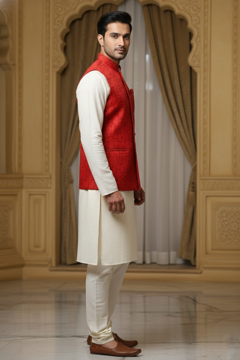 Men’s Red Nehru Jacket with Black Line Work | Designer Ethnic Waistcoat