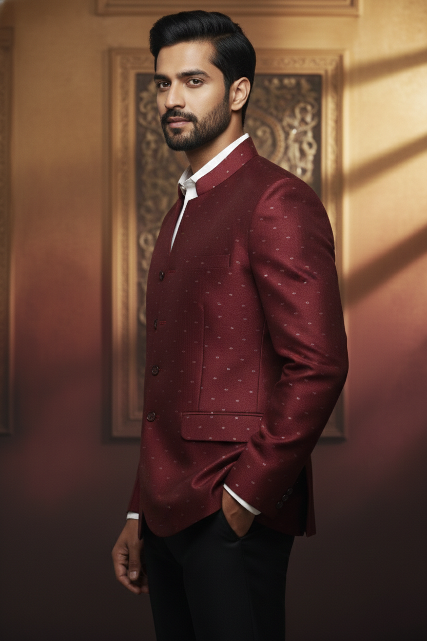 Maroon Mandarin-Collar Formal Jodhapuri with Subtle Dotted Weave