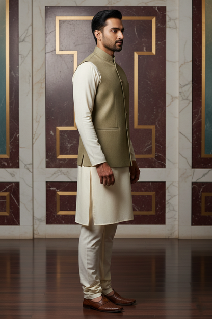 Men’s Beige Nehru Jacket | Solid Ethnic Waistcoat with Mandarin Collar
