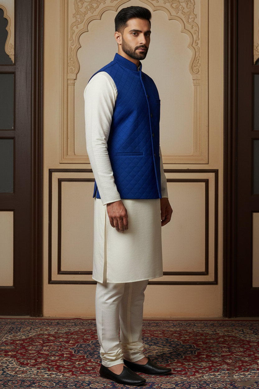 Men’s Royal Blue Quilted Velvet Nehru Jacket