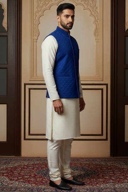 Men’s Royal Blue Quilted Velvet Nehru Jacket