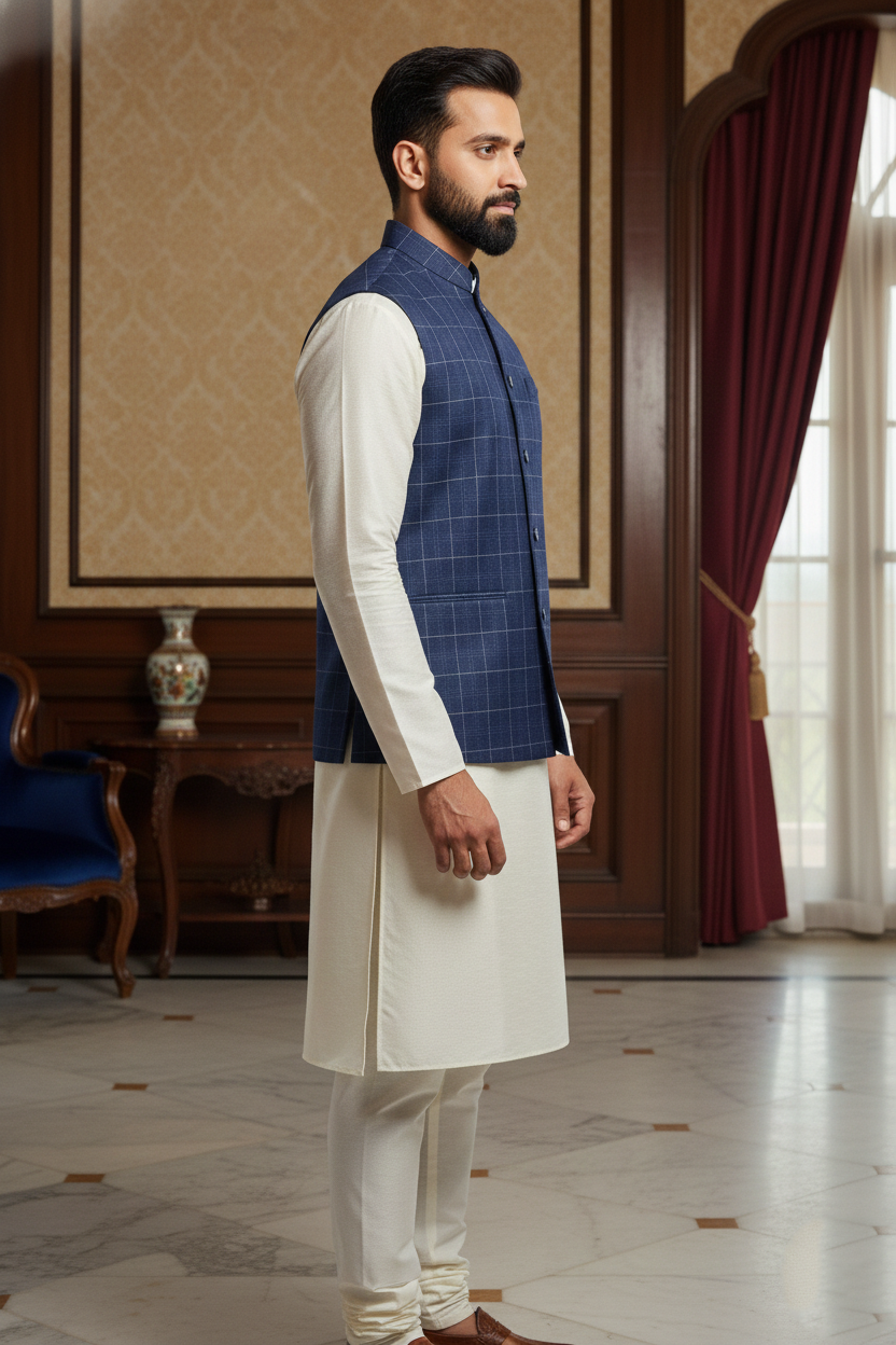 Men’s Blue Nehru Jacket with White Contrast Piping & Pocket Square | Ethnic Waistcoat