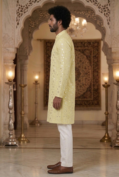 Men'sLemon Yellow Mirror Work Partywear Kurta Pajama
