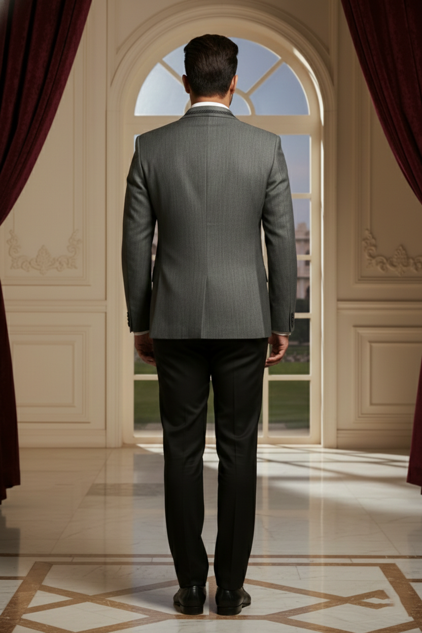 Men's Grey Textured Blazer with Polka Dot  Waistcoat Set
