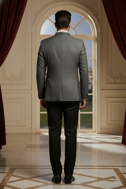 Men's Grey Textured Blazer with Polka Dot  Waistcoat Set
