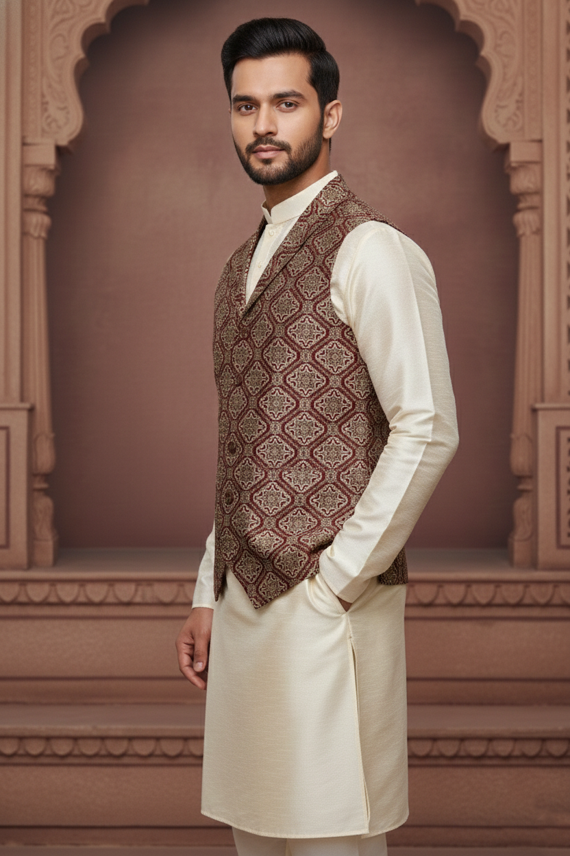 Men’s Light Red Designer Waistcoat | Dark Red Line Pattern Slim Fit Festive Vest
