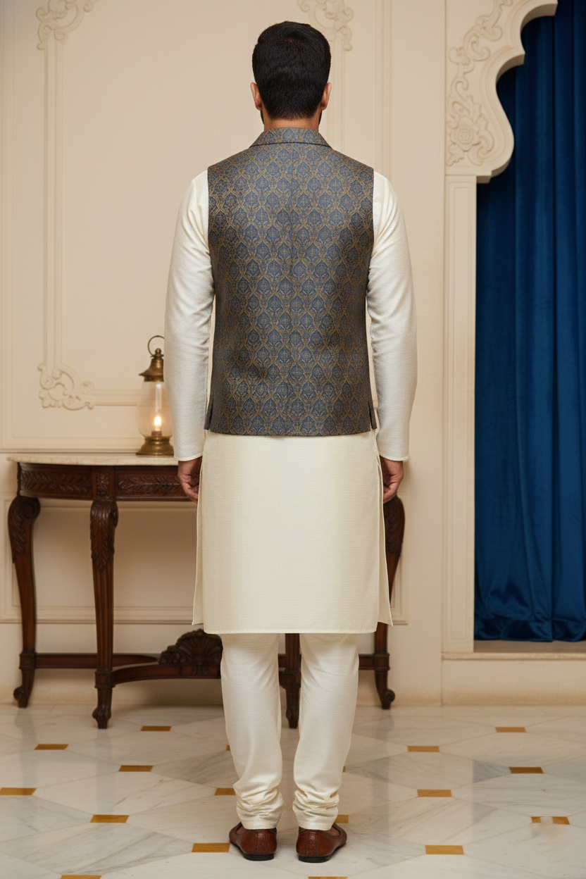 Men’s Navy Blue Brocade Nehru Jacket | Ethnic Wedding Festive Party Wear Mandarin Collar Sleeveless Waistcoat for Kurta & Indo-Western Outfit