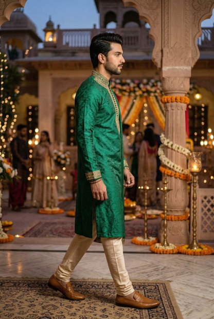 Men's Emerald Green Silk Kurta with Gold Work