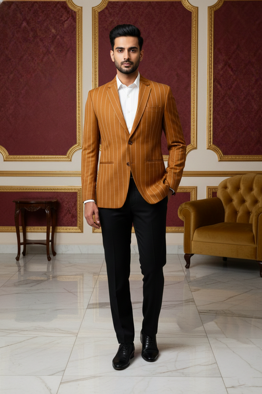 Men's Mustard Yellow Pinstripe Slim Fit Blazer