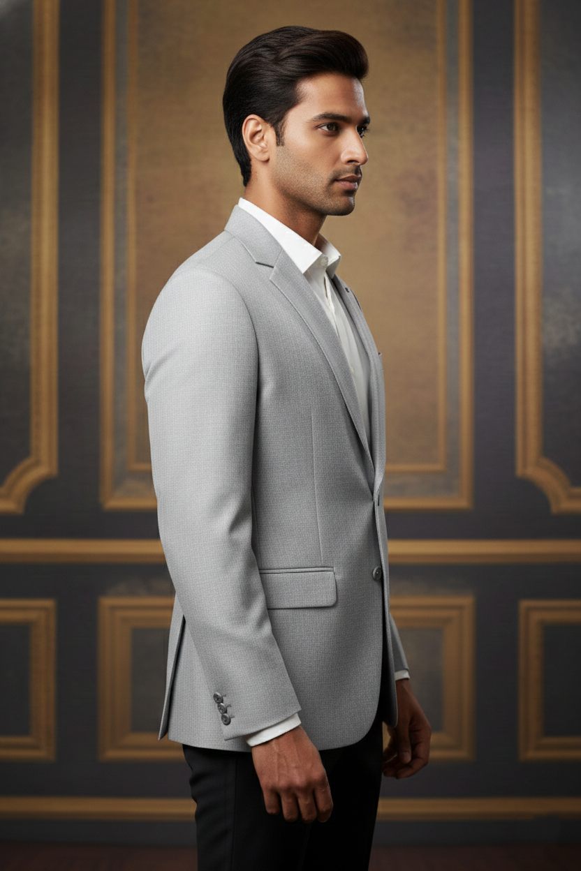 Men's Slim-Fit Textured Light Grey Two-Button Blazer