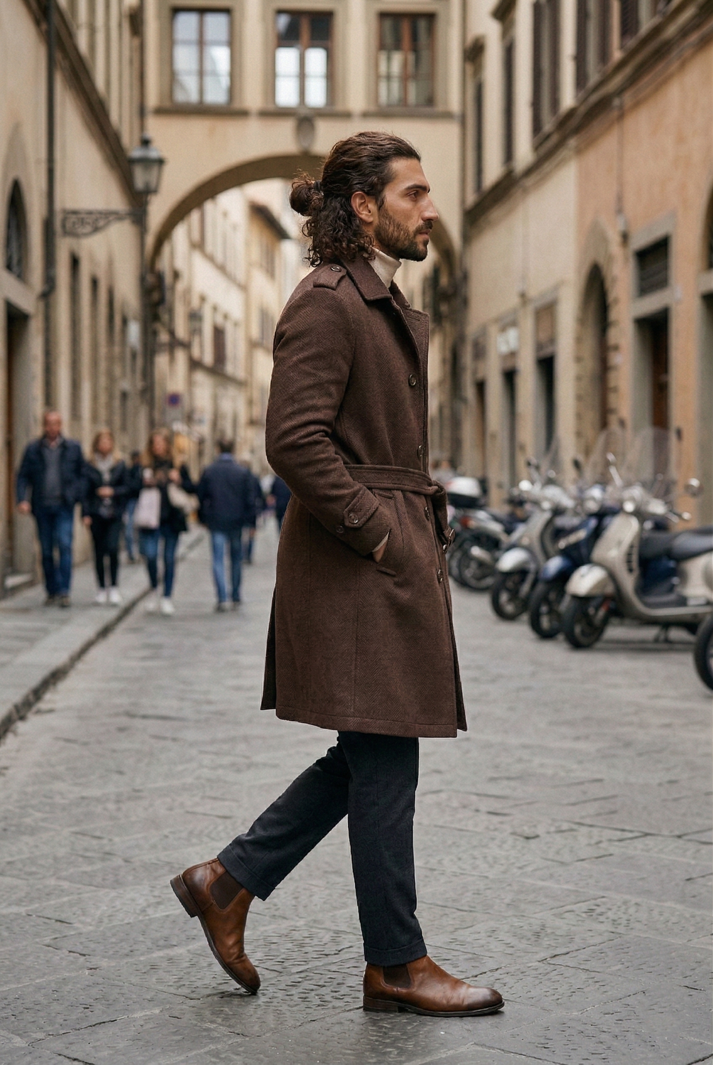 Men's Tailored Wool Trench Coat in Chocolate Brown