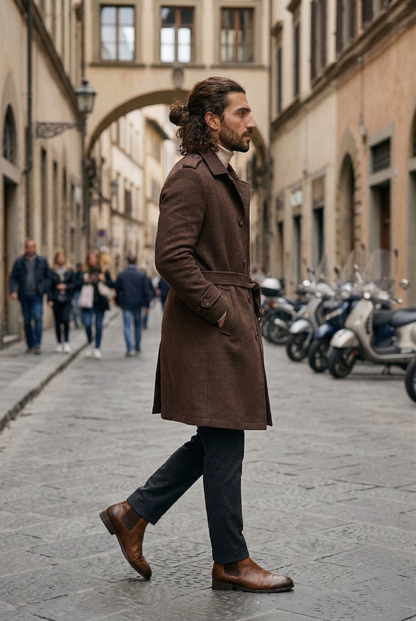 Men's Tailored Wool Trench Coat in Chocolate Brown