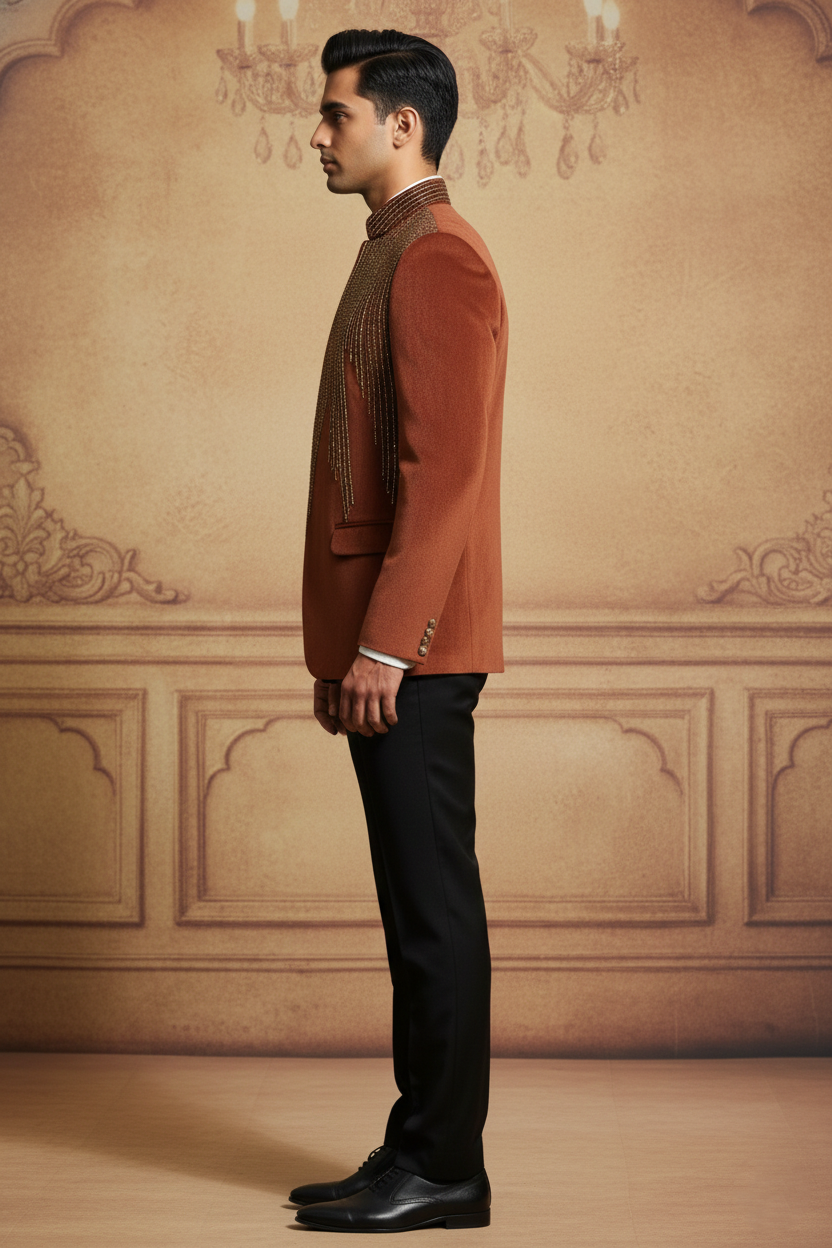 Men'sRust Embellished Bandhgala Jacket