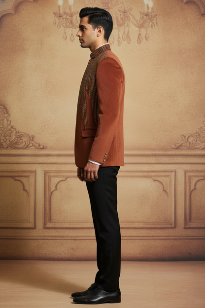 Men'sRust Embellished Bandhgala Jacket