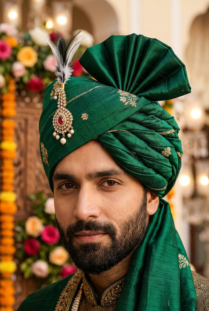 Royal Emerald Green Silk Groom Turban with Gold Booti