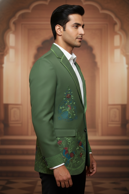 Men'sGreen Bird Embroidered Blazer