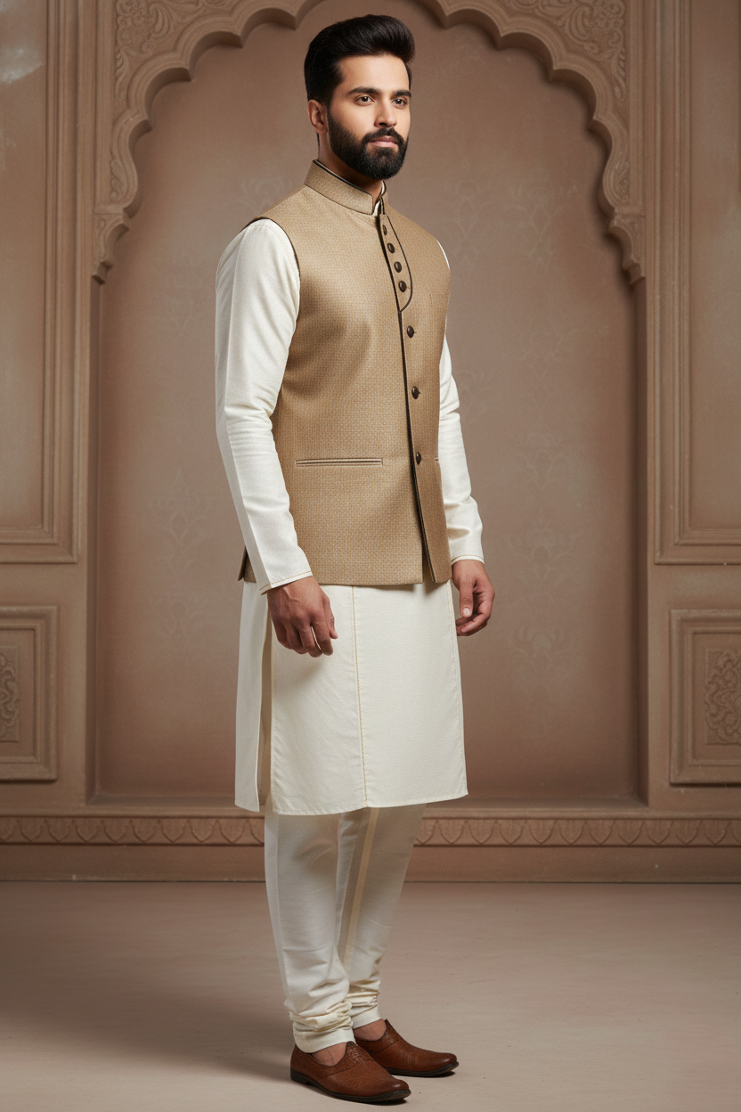 Men’s Sophisticated Beige Gold Nehru Jacket with Contrast Piping