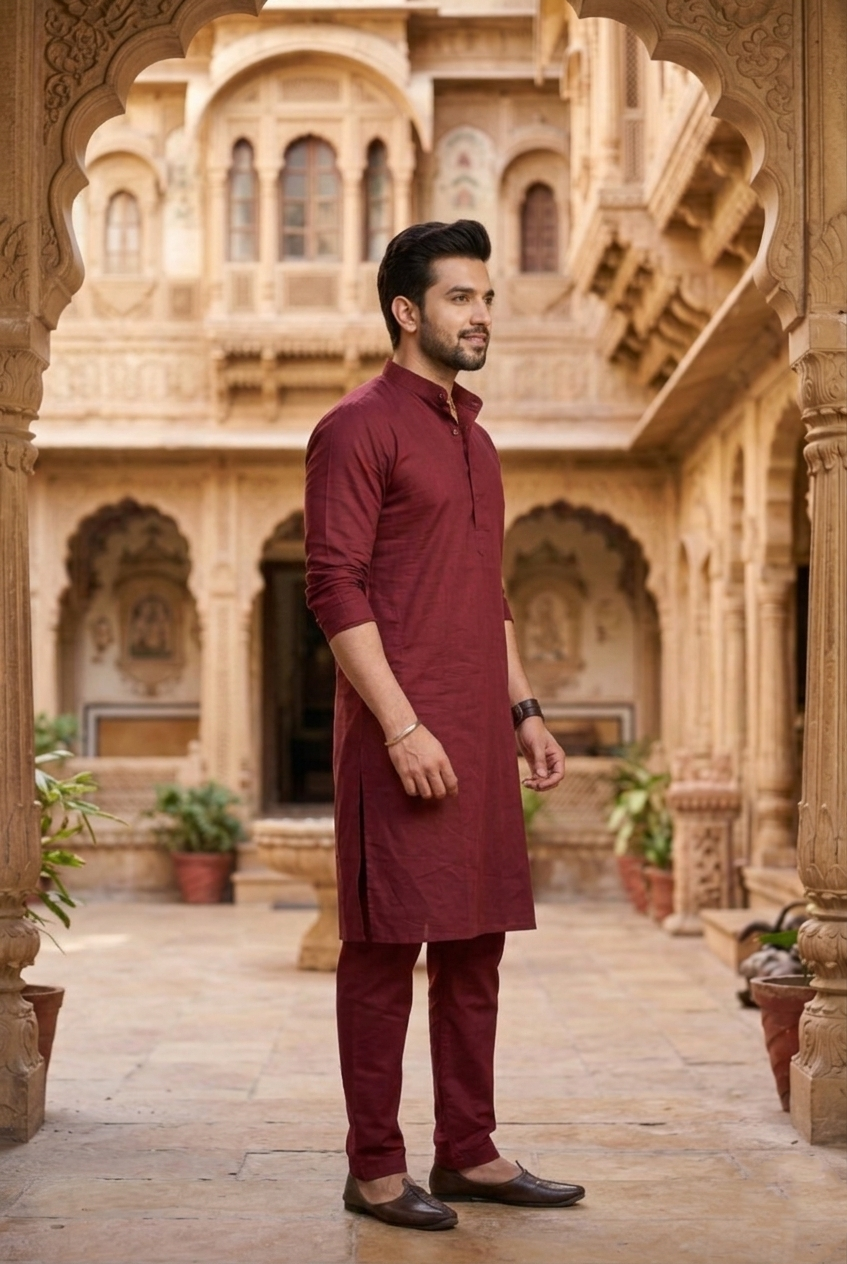 Men'sWine Red Cotton Silk Plain Kurta Pajama Set