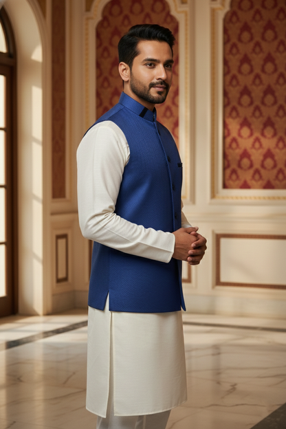 Men’s Dark Blue Nehru Jacket with Subtle Textured Work | Ethnic Waistcoat