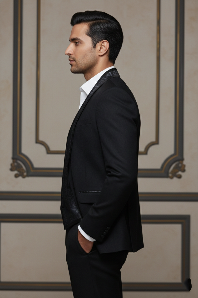 Black Single-Breasted Suit with Patterned Lapels