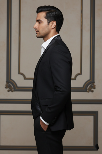 Black Single-Breasted Suit with Patterned Lapels